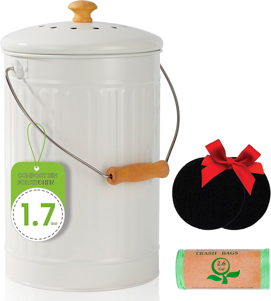 1.7 Gallon Kitchen Compost Bin, Indoor Countertop Compost Bin with Lid, 100% Rus