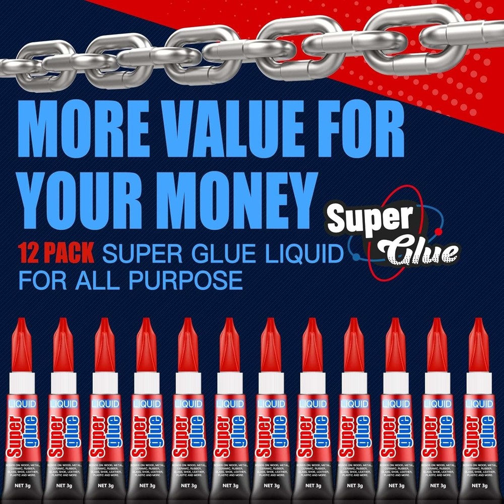 3 Gram (Pack of 12) Single Use Super Glue Liquid, Fast, Thin Pack 12
