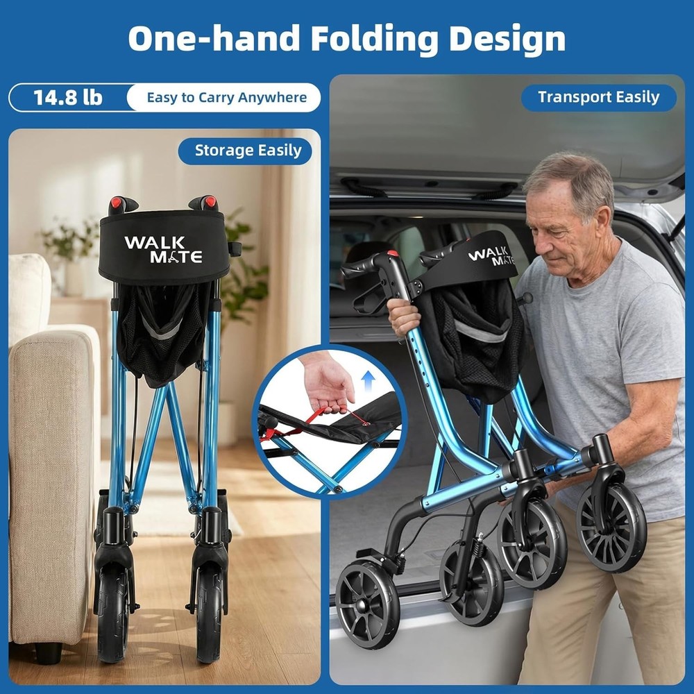 Adjustable Height Rollator Walker for Seniors - Blue