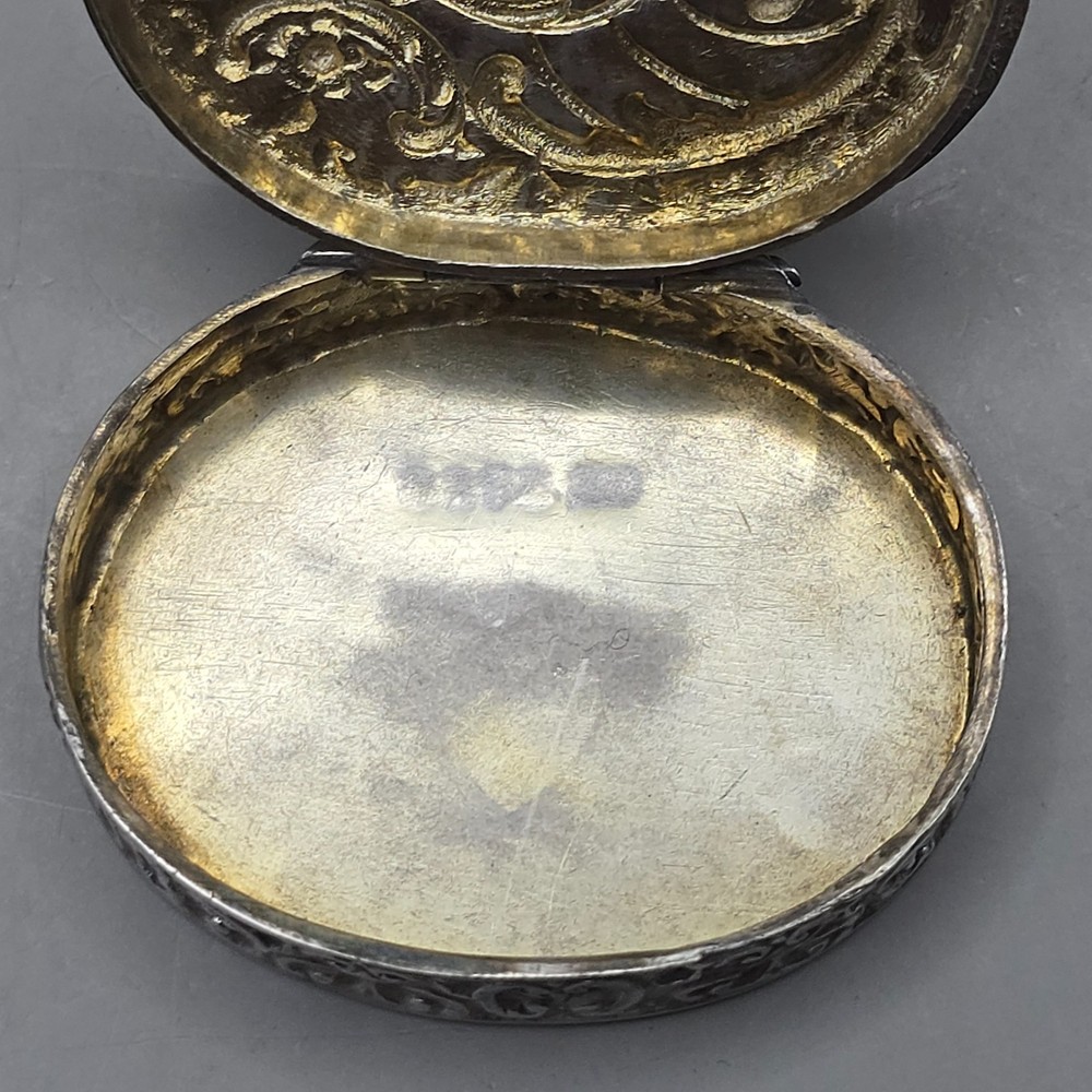 Antique Sterling Silver Oval Pill / Snuff Box – Repoussé Scroll Decoration