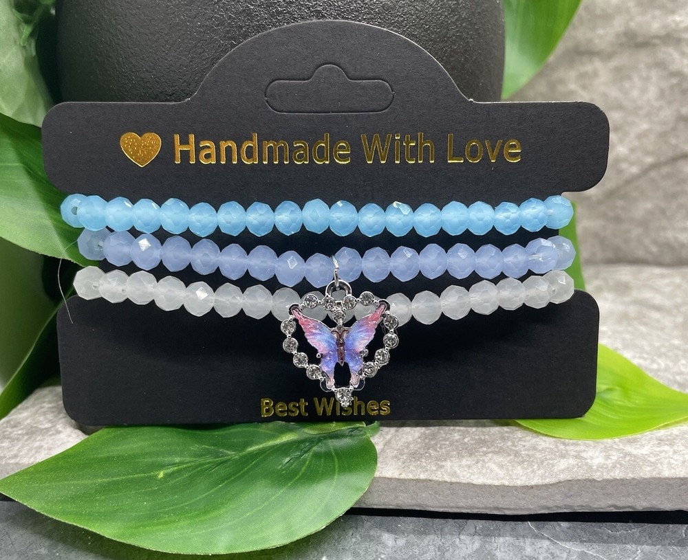 3 PC Handmade Beaded Boho 6.5” Plus Stretch Charm Bracelet Set Butterfly B3665