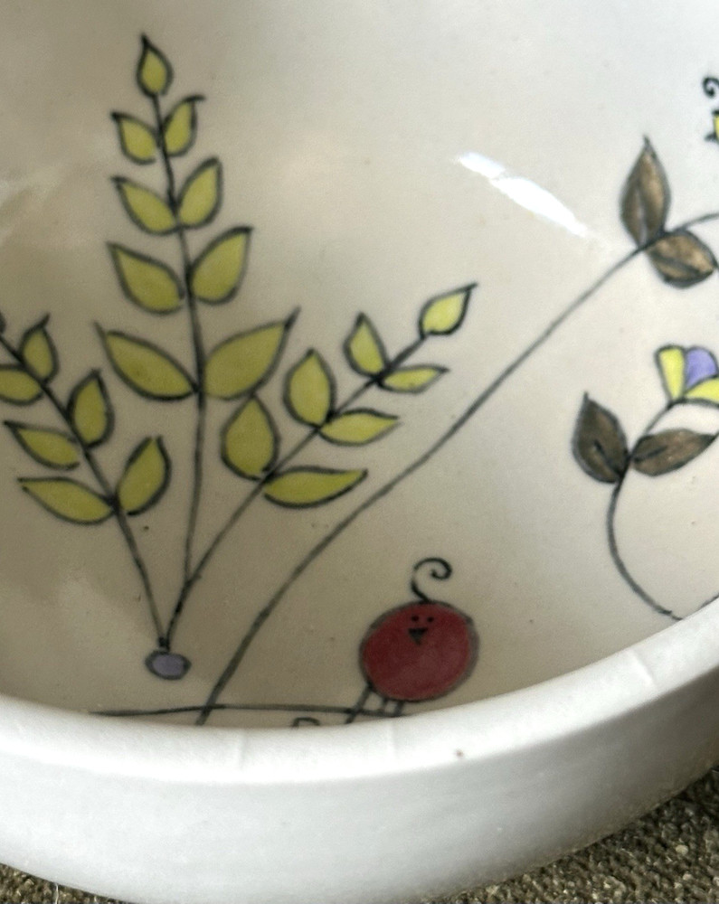 Studio Art Ceramic Yarn Bowl With Bamboo Handle - Hand-painted