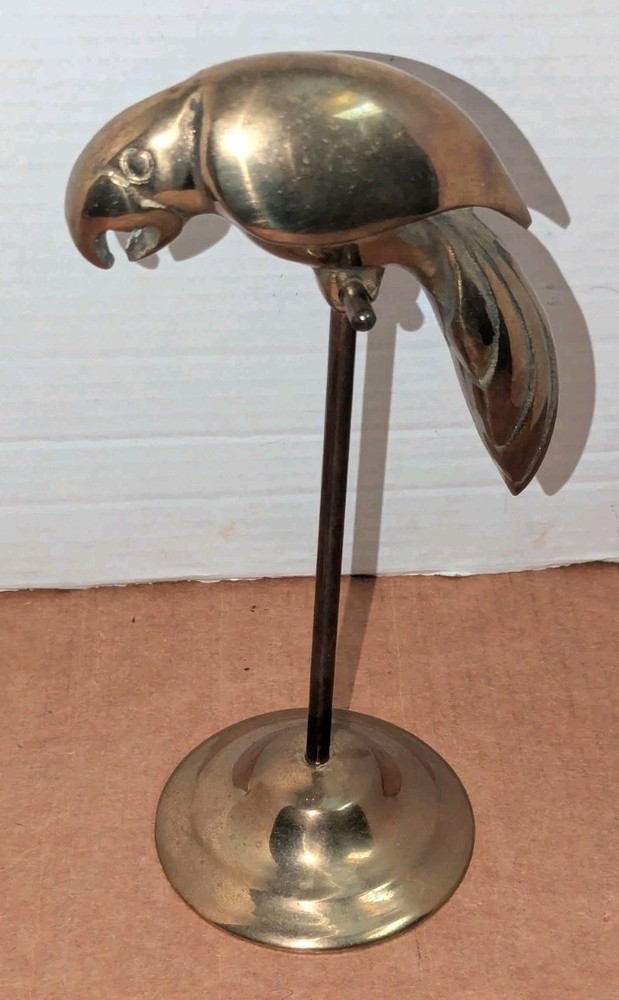 Vintage Solid Brass Parrot on Perch Stand Figurine Mid-Century Modern Decor