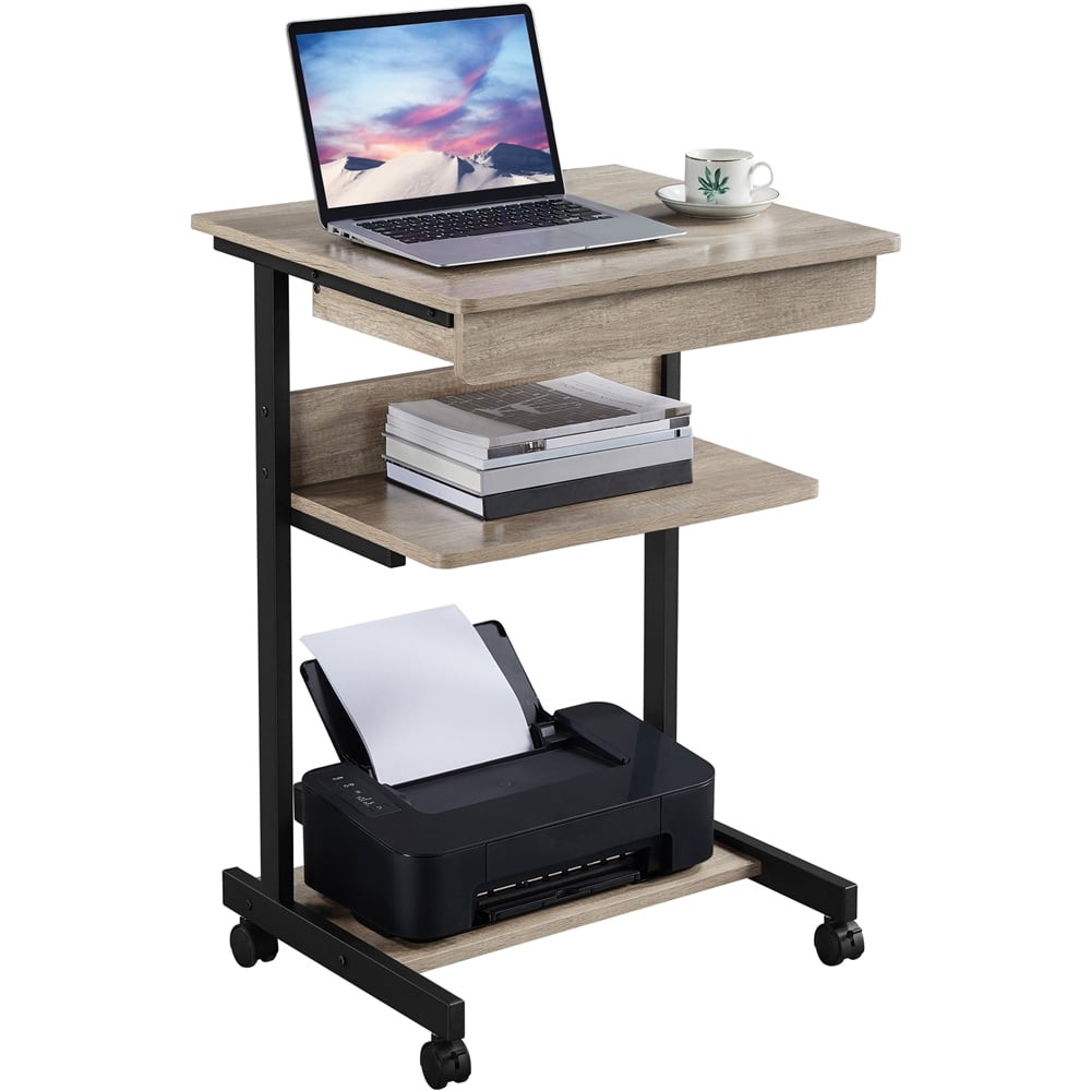 Rolling Computer Desk W/ 2 Storage Shelves & Drawer Compact Work Table Taupe