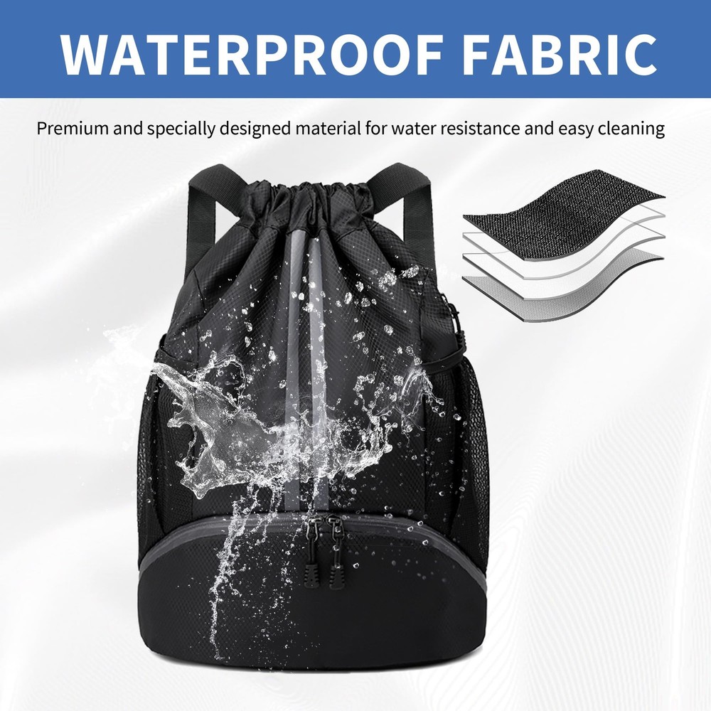JELUTAR Drawstring Backpack Gym Bag with Shoes Compartment for Large, Black