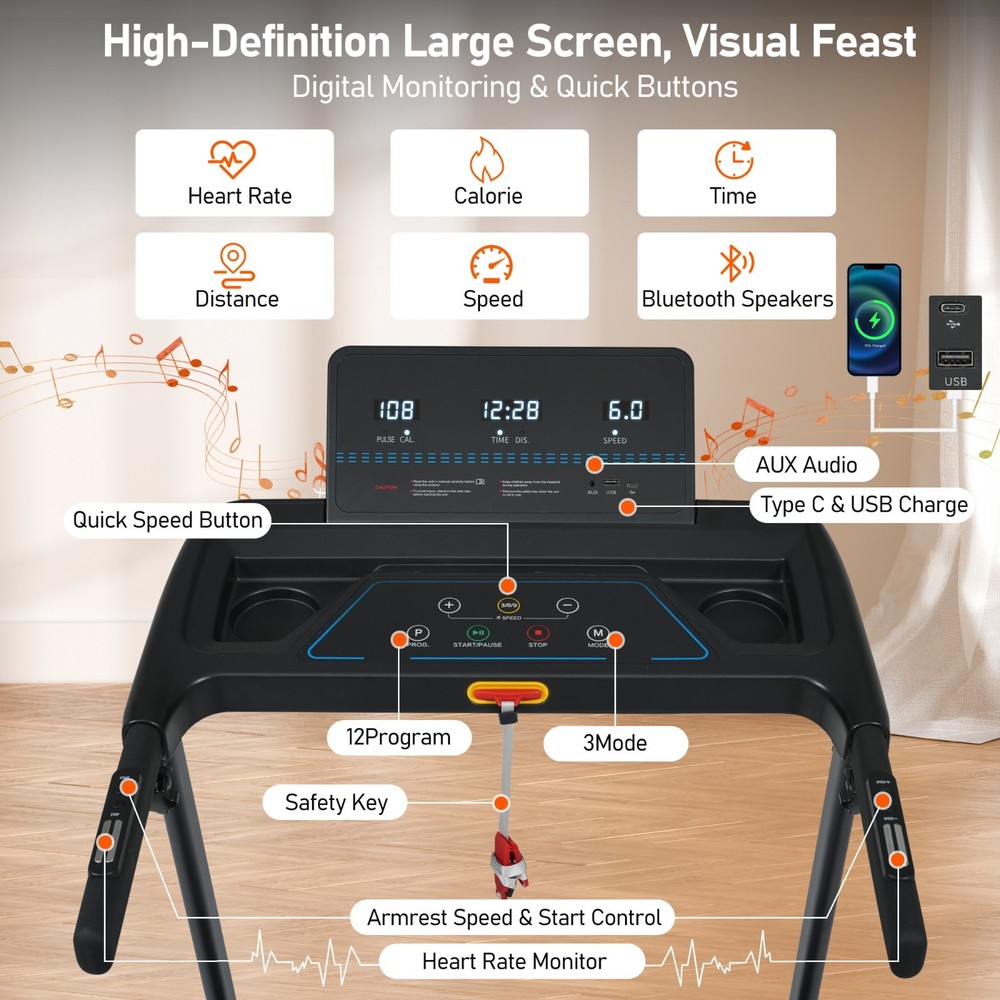 3.0HP 10MPH Foldable Treadmill 8% Incline Type C & USB Charge Station Bluetooth