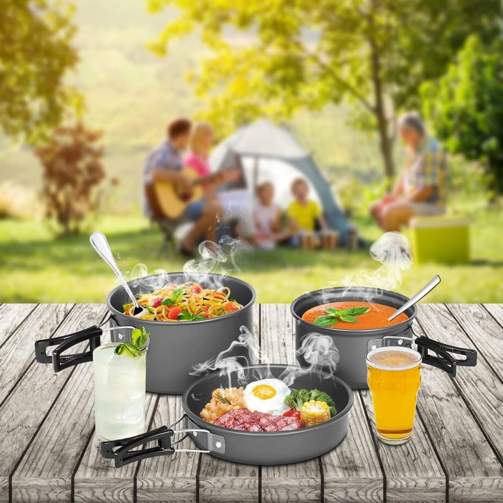 10pcs Camping Cookware Set Non-Stick Lightweight Stackable Pots Pans with Bag