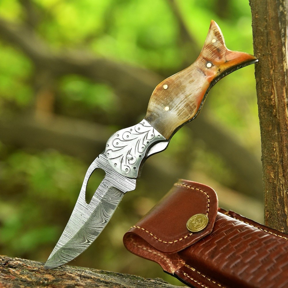 Damascus Folding Blade Pocket Knife Tactical-Original Ram Horn Handle