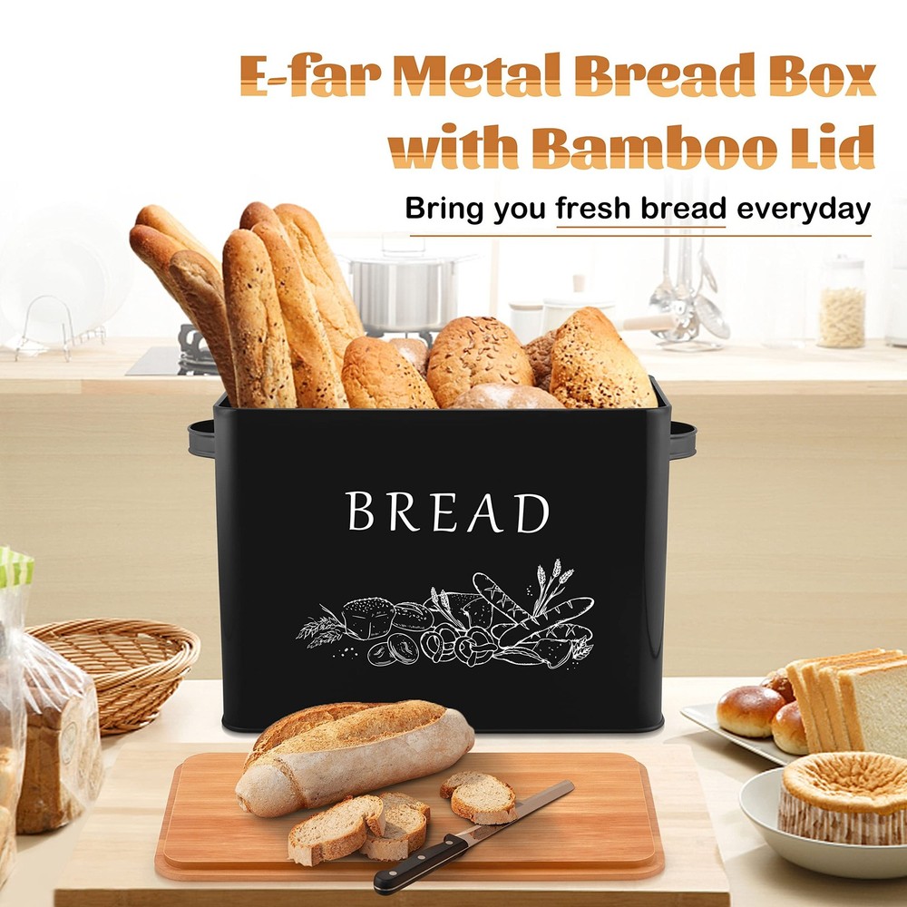 E-far Bread Box for Kitchen Countertop, Metal Bread Storage Container Bin wit...