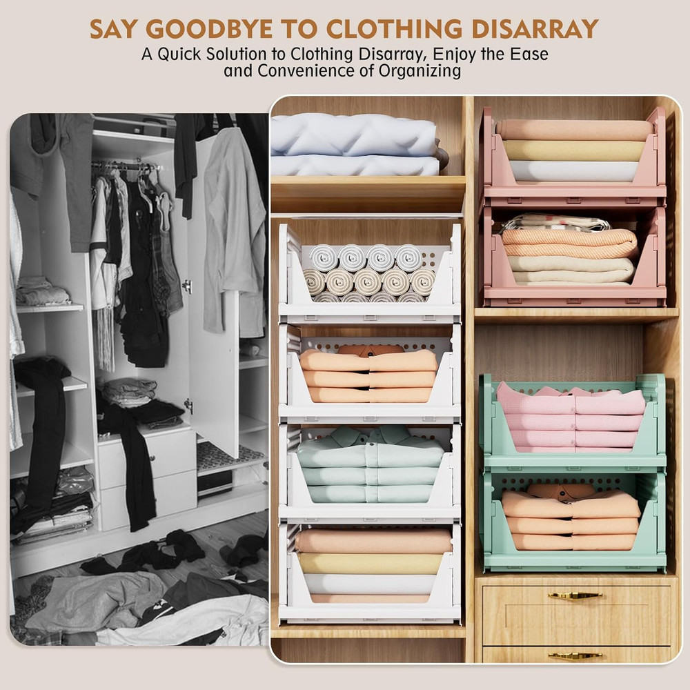 5 Pack Stackable Closet Storage Basket, Multifunctional & Foldable Closet Organi
