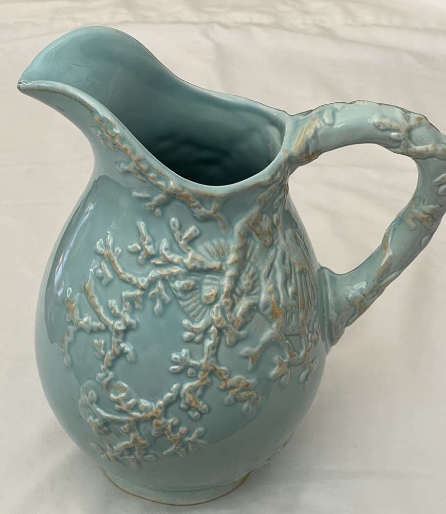 Blue Sky Clayworks Seashell Pitcher Distressed Blue Ceramic 8" Tall 2007