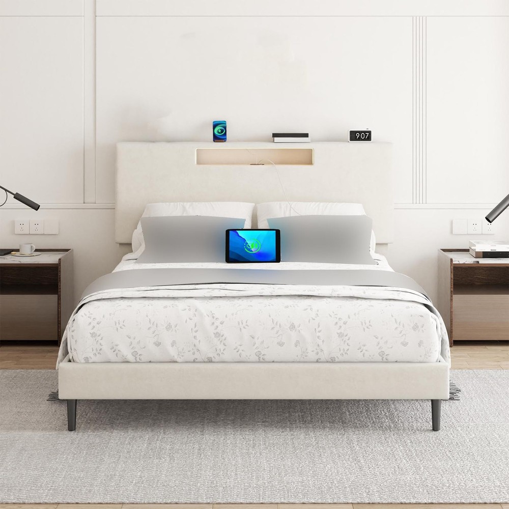 Upholstered Platform Bed Large Size Frame With LED Light And Charging Function