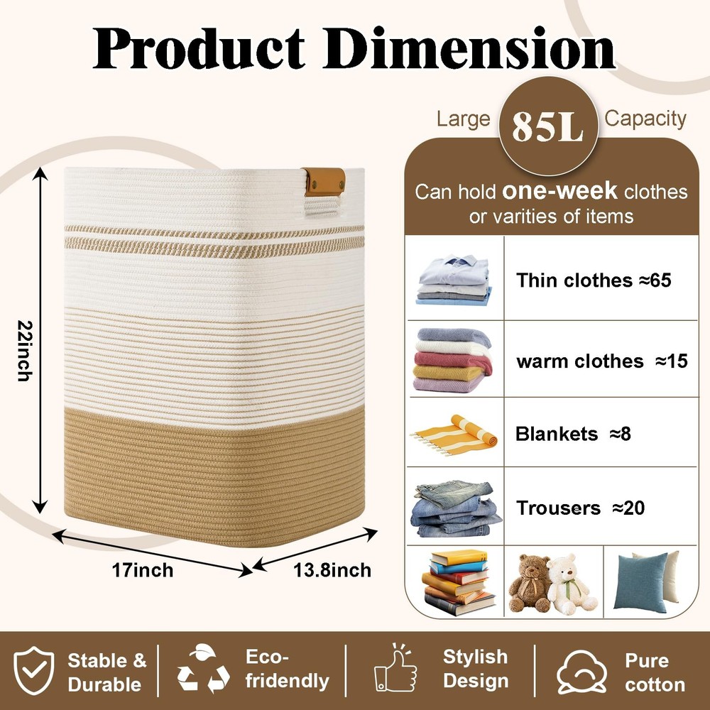 Laundry Hamper, 85L Tall Laundry Basket with Leather Handles, Rectangle Large...