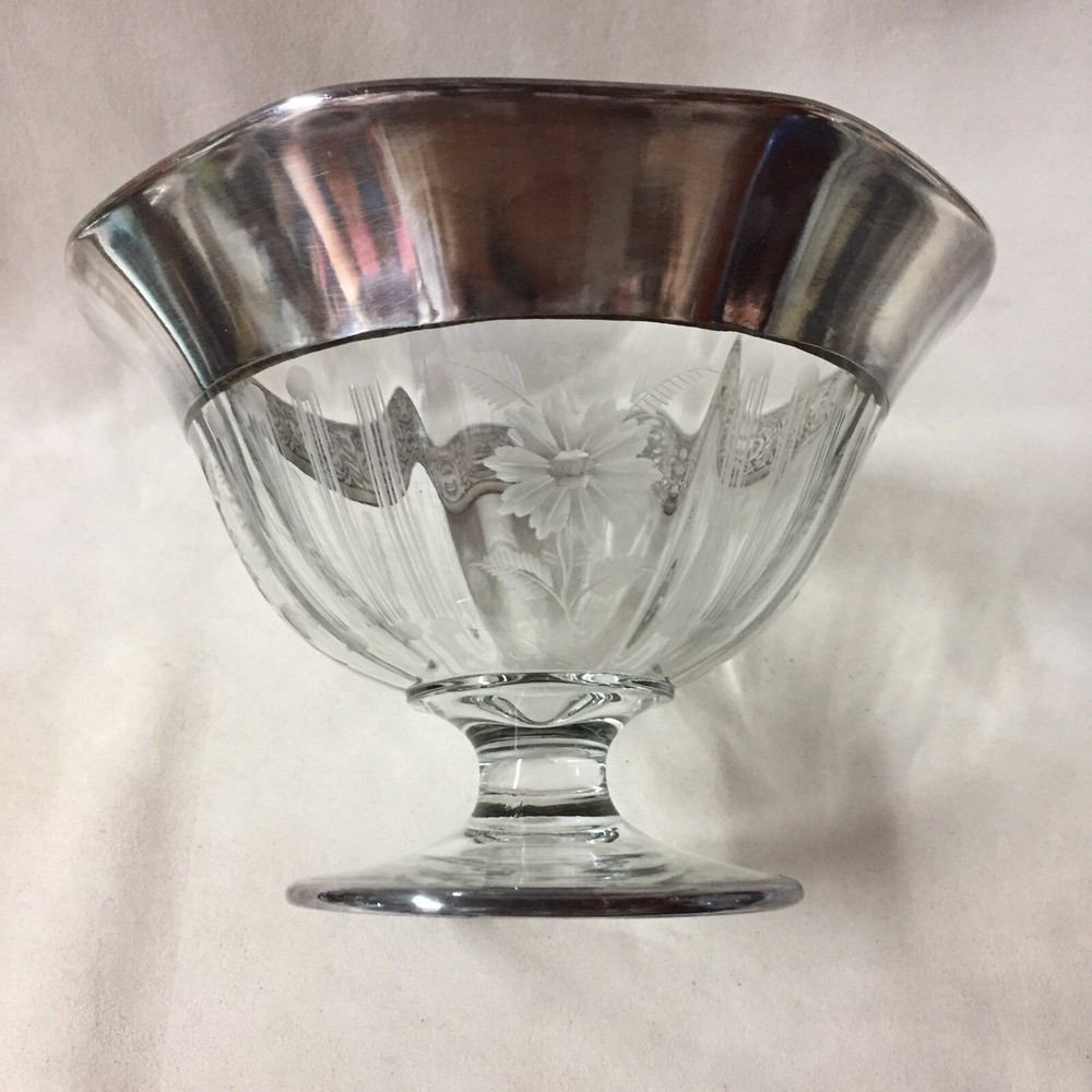 Antique Sterling Silver Etched Glass Compot Dish 7”