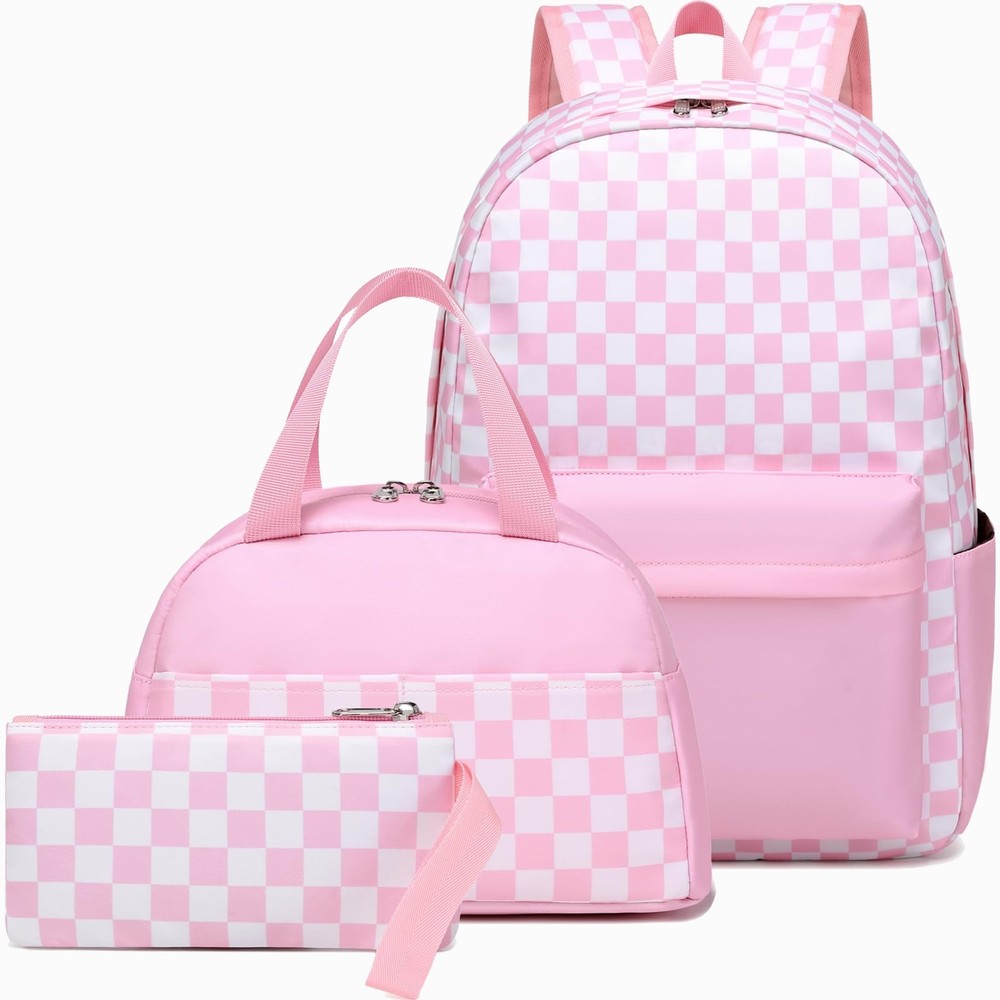 Girls Checkered School Backpack Lunch Box Set Elementary Middle Checker Pink