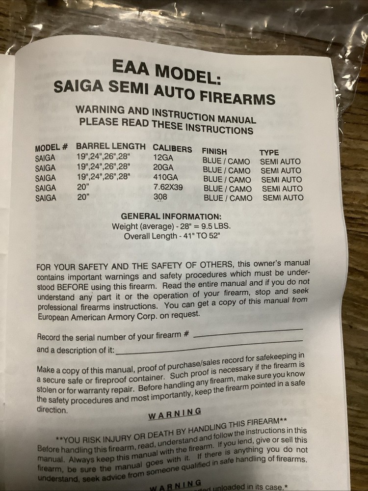 Saiga Semi-Automatic Firearms Manual, EAA Corp.