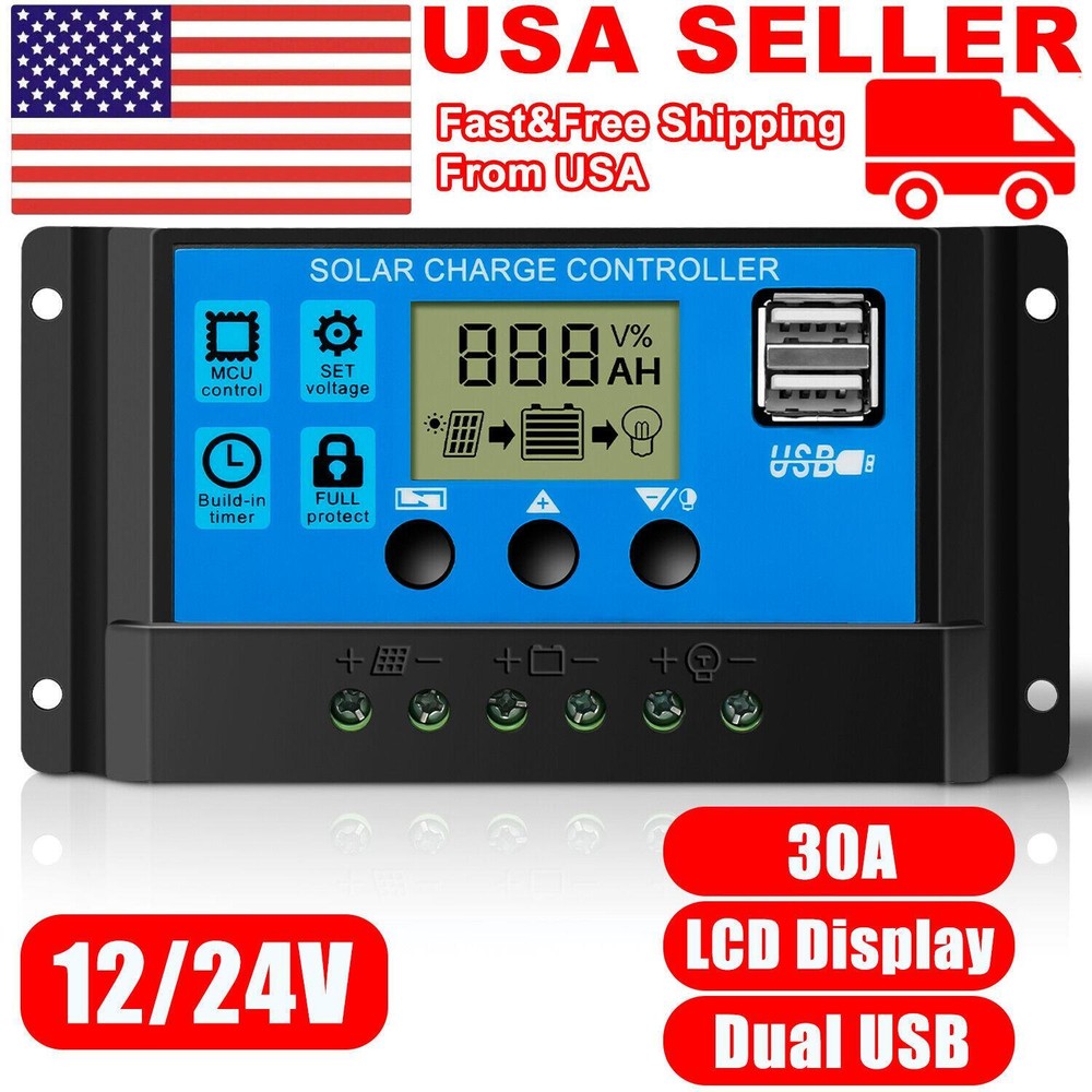 Dual USB 10/20/30A Amp 12V/24V Solar Panel Regulator Charge Controller Battery