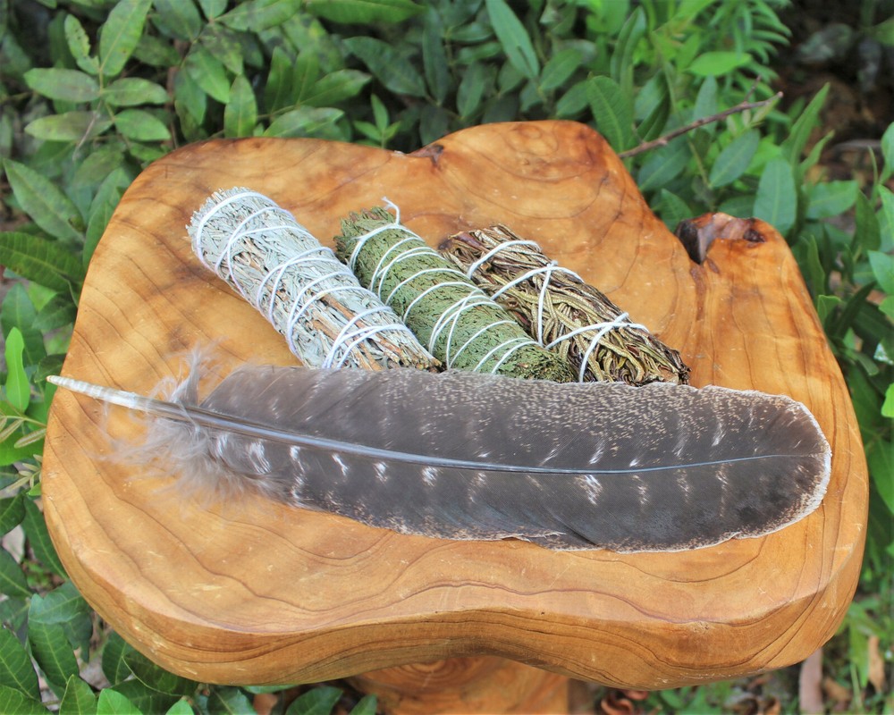 SAGE SMUDGE STICKS: BLUE, CEDAR & YERBA SAMPLER 3 PACK & SMUDGING FEATHER