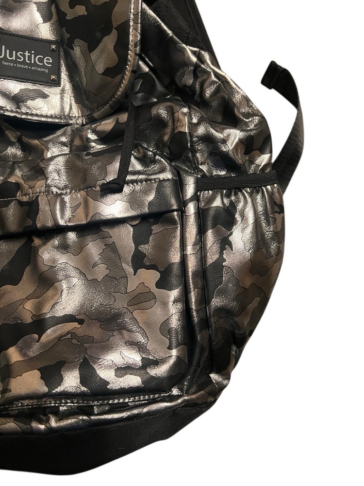 JUSTICE BRAND SHINY BLACK CAMMO BACKPACK EXCELLENT CONDITION