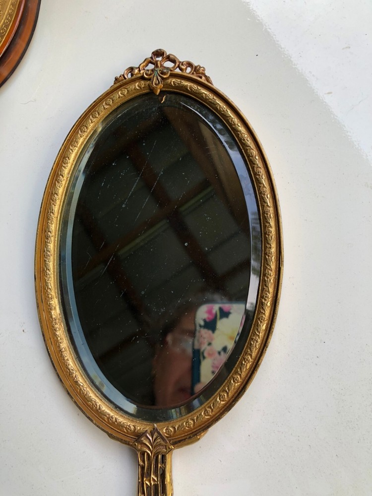ANTIQUE VINTAGE APOLLO ORMOLU VANITY SET 3 PC BOX BRUSH MIRROR