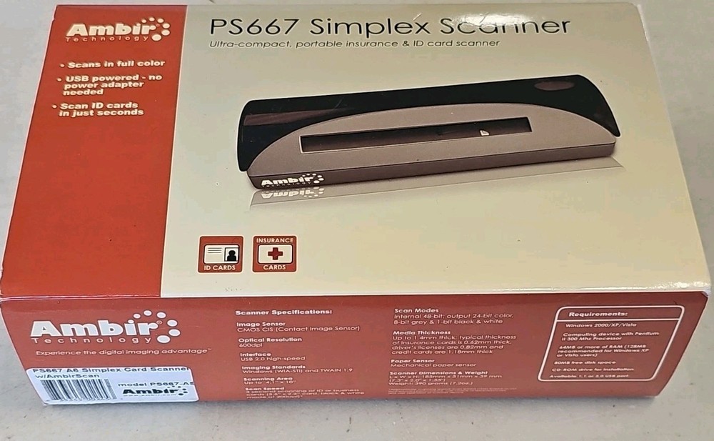 Ambir Technology Image Scan Pro PS667- Simplex Card Scanner Open Box