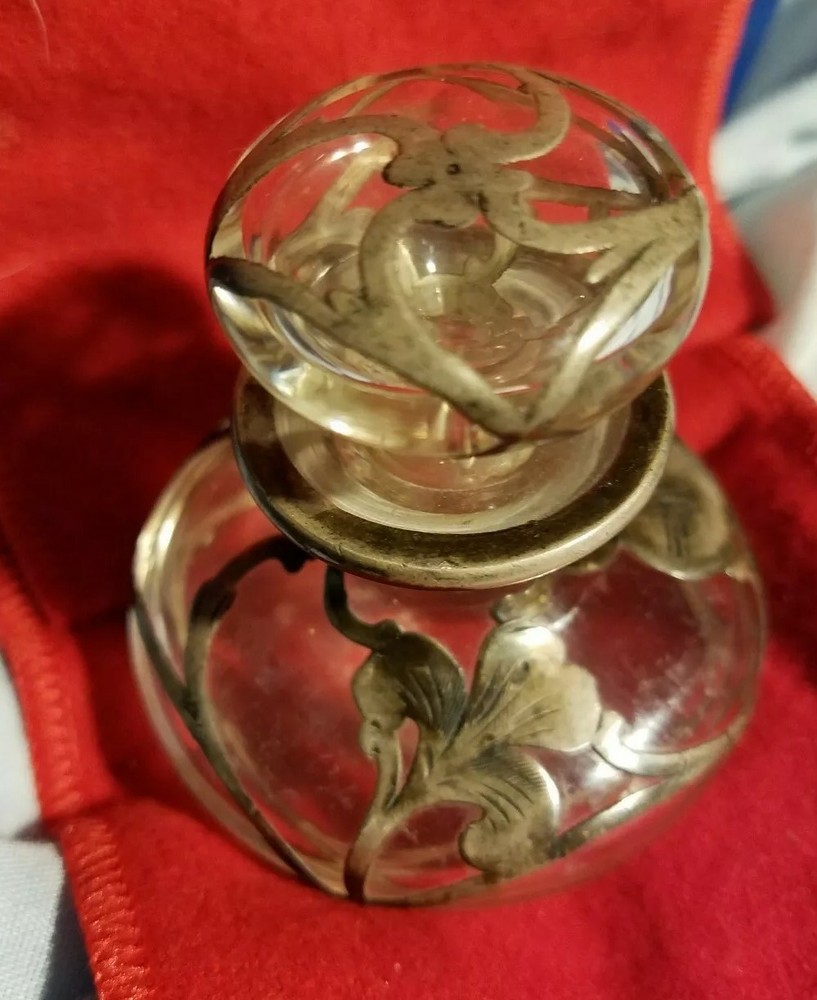 ANTIQUE STERLING SILVER OVERLAY PERFUME BOTTLE Approx. 3x3