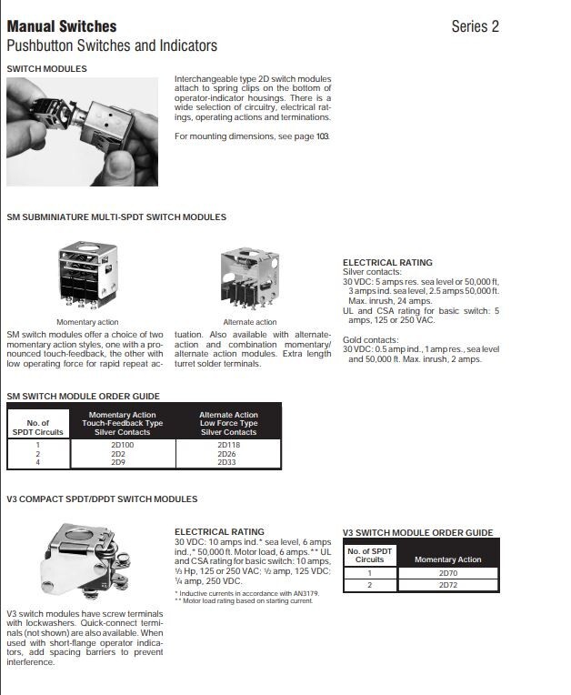 Honeywell Micro Switch 2D33 4 Pole "Series 2" Pushbutton Switch Module NOS On-Of