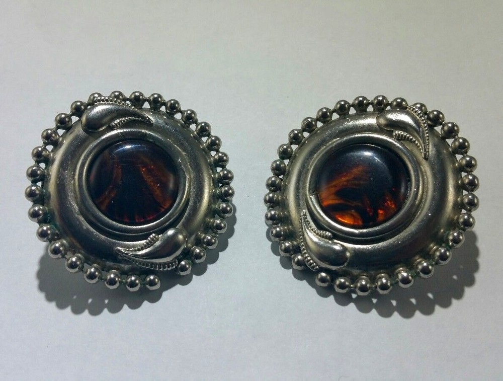 Vintage Tiger Eye Stone and Silver Tone Earrings