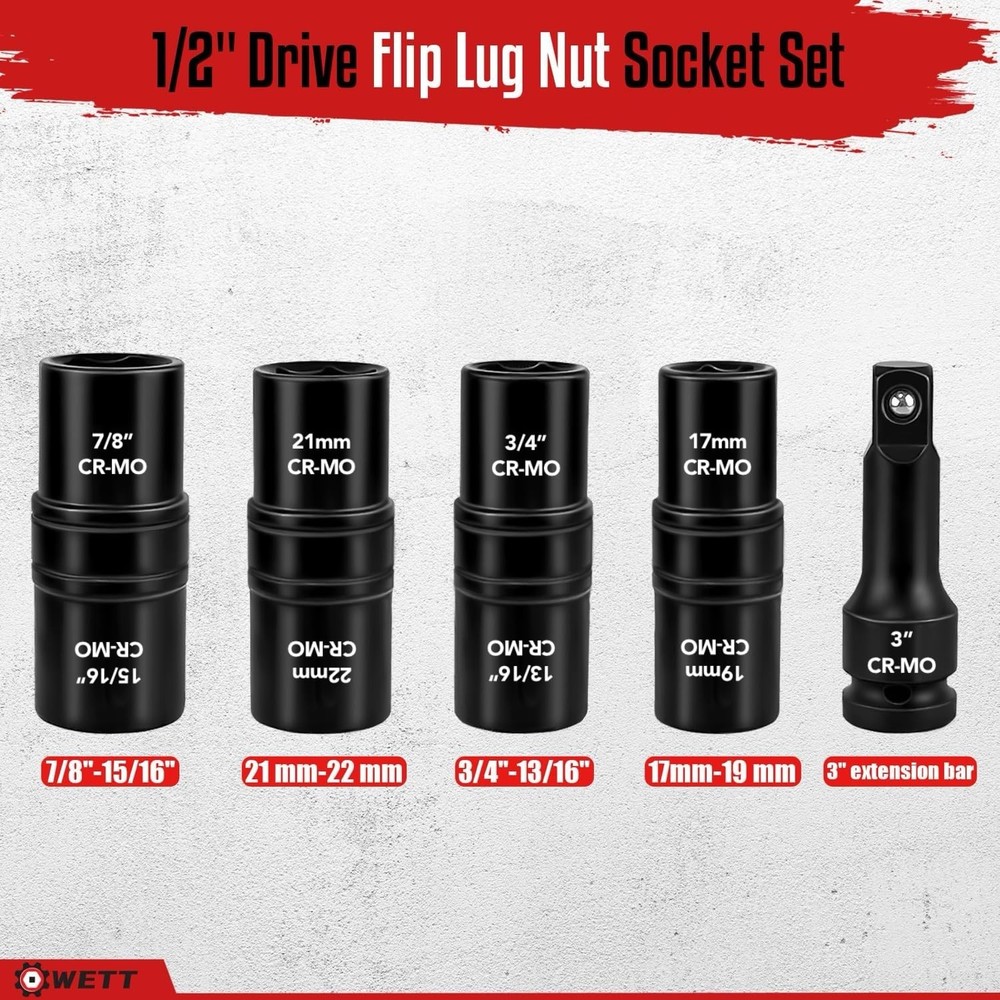 1/2" Drive Flip Lug Nut Socket Set, 5-Piece Double Sided Thin Wall Wheel Prot...