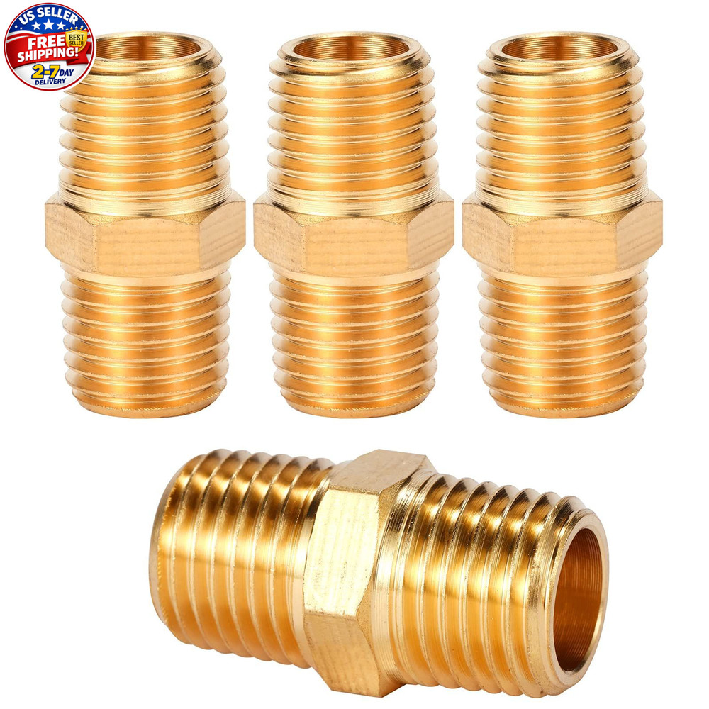 4 pcs Solid Brass Pipe Fitting, Hex Nipple, 1/4" x 1/4" NPT Male Pipe Adapter