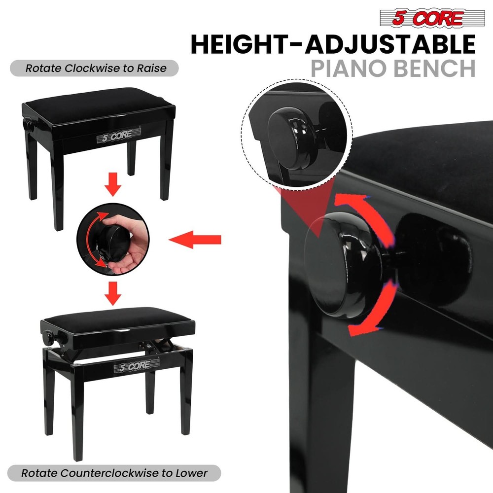 5 Core Piano Bench Height Adjustable Padded Cushion Solid Wood Keyboard Stool
