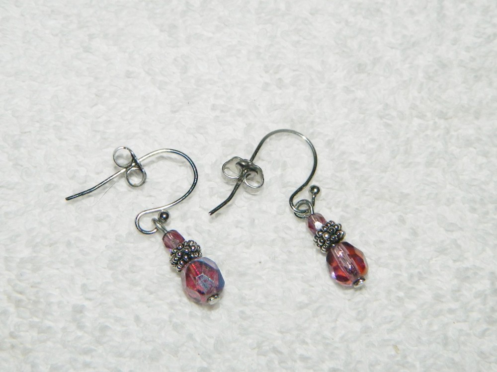 Pretty Silvertone & Purple Bead Dangling Pierced Earrings