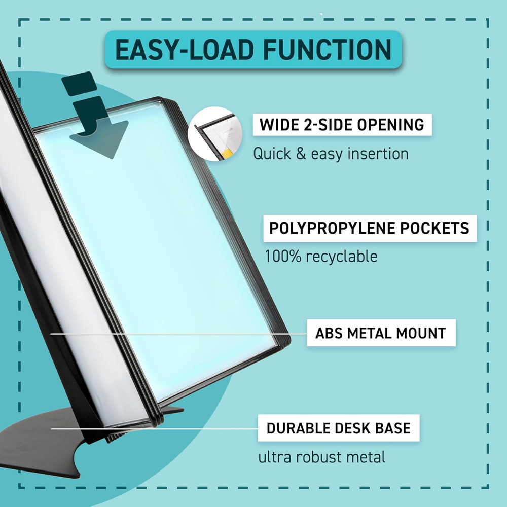 DJOIS Letter-Size Display System - 10 Double-Sided Pockets - Black Metal Base