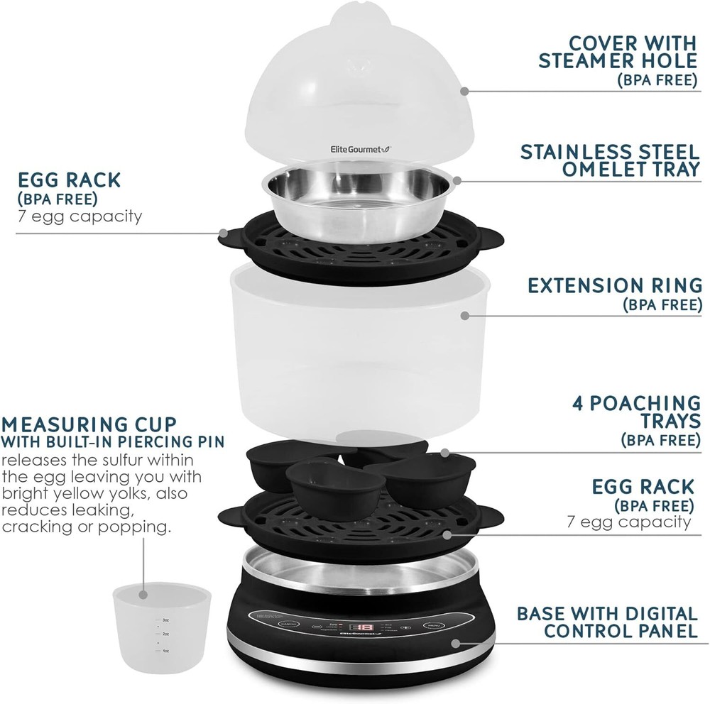 Digital egg cooker, egg steamer 2 tiers, measuring cup, 14 egg capacity