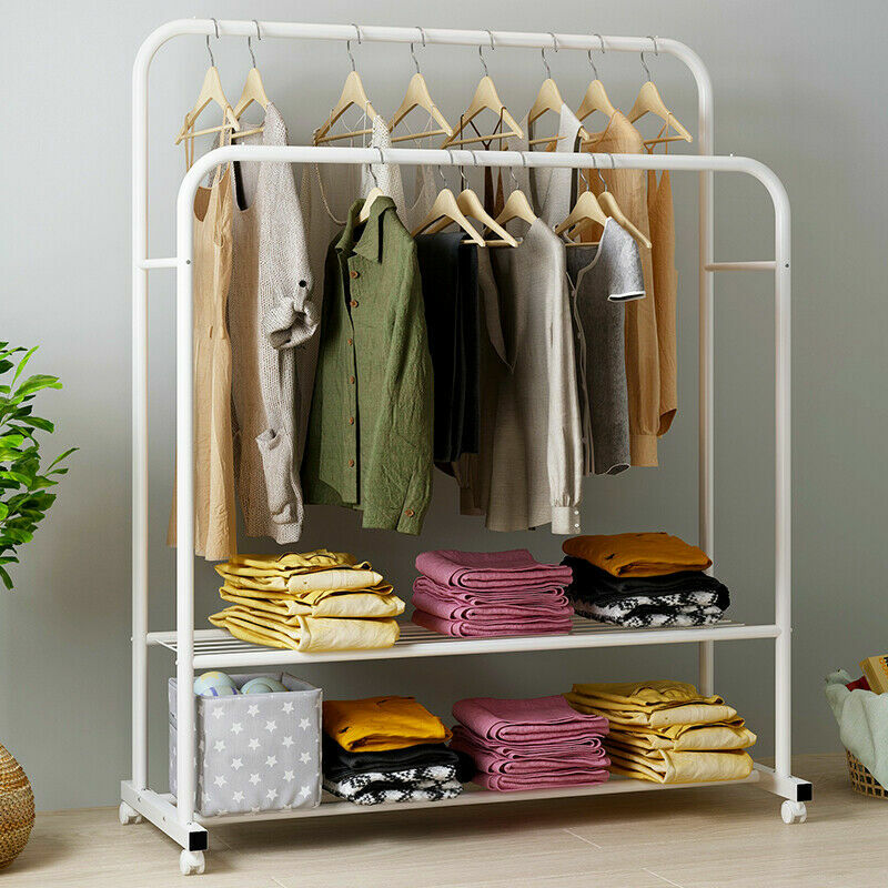 Large Cloth Garment Hanging Rack Organizer Double Rail Hallway Storage Wardrobe