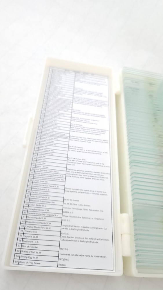 60 Microscope Slides with Specimens, Prepared Microscope Slides (59 only)