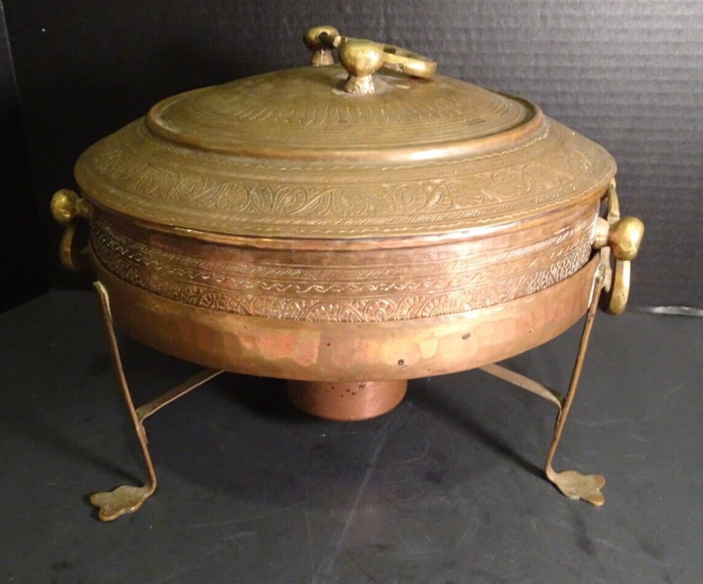 Antique Copper Tin Lined Chafing Dish Ornate Design