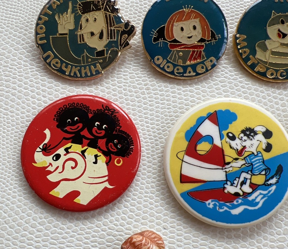 Vintage Soviet Cartoon Figurines Badges Pins 9 Pieces
