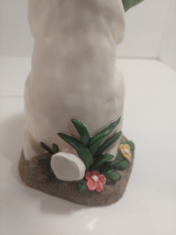 Bunny Rabbit Statue Candy Bowl Server Figure 12" White Resin White Cabbage Leaf