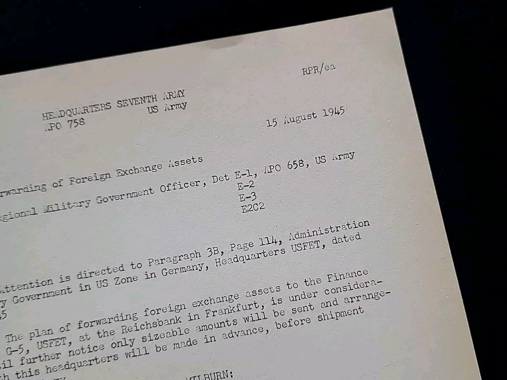 1945 Germany WWII US Army War Military Document Forward Foreign Exchange Assets