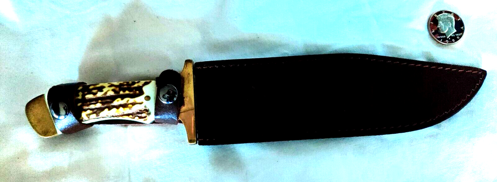 Lrg BOWIE KNIFE with Leather Sheath / 8.5 SHARP BLADE / 14" Full / Bone Handle