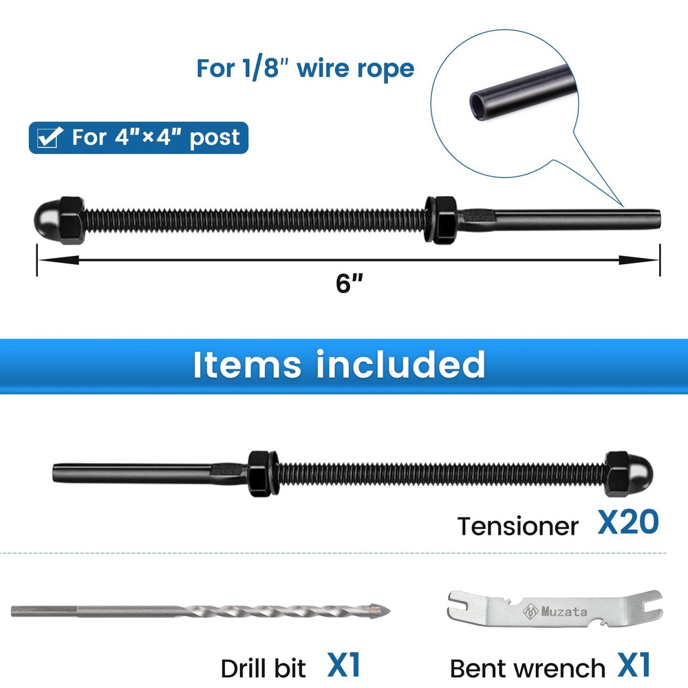 20 Pack 1/8" Black Cable Railing Hardware Kit Hand Swage Threaded Stud Tensio...