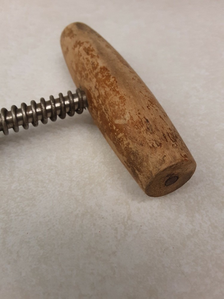 Vintage Mechanical Corkscrew Open Barrel Spring Wooden Handle Barware