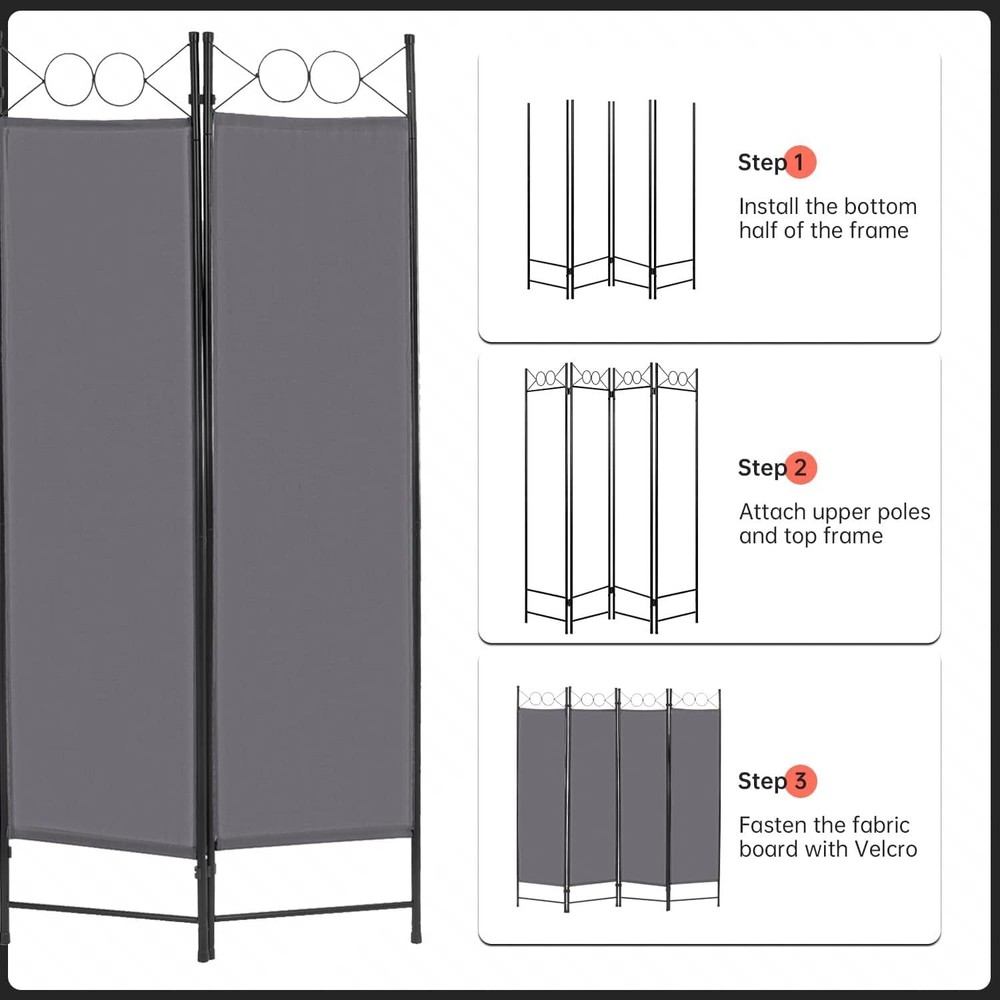 4 Panel Room Divider 6FT Steel Frame Screen Folding Privacy Divider Freestanding
