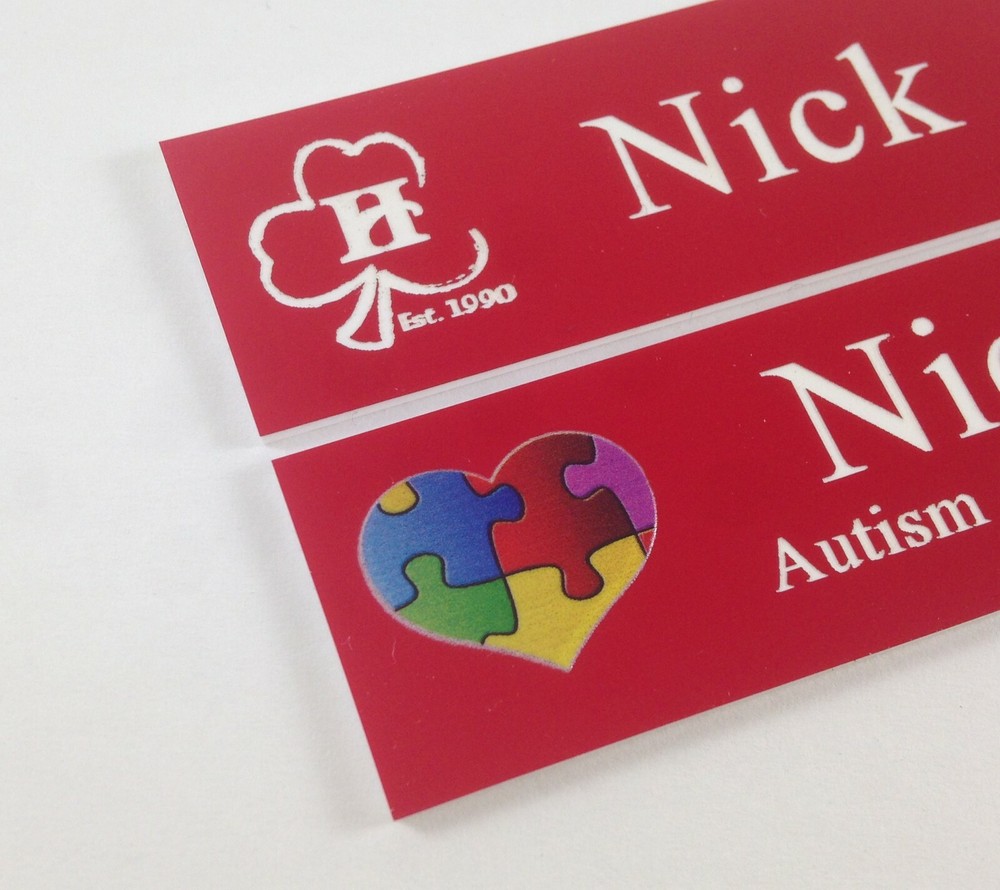 Custom Employee Name Tag RED - white lettering, 3x1 square corner, + attachment