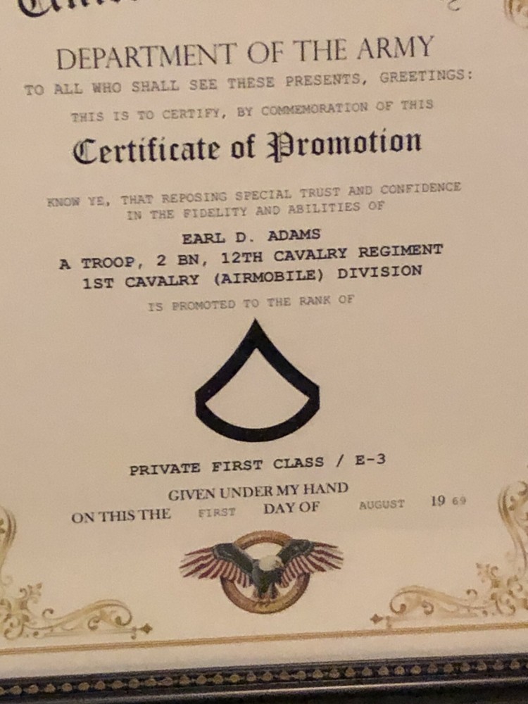 PRIVATE FIRST CLASS (E-3) U.S. Army ~ Commemorative Promotion Certificate