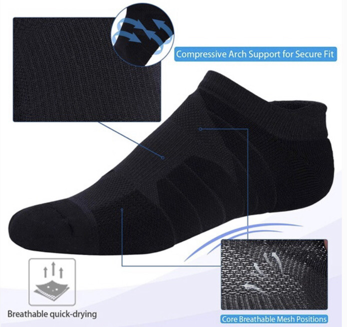 3 Pair Compression Athletic No Show Running Socks w/ CoolMax, Black, Size Large