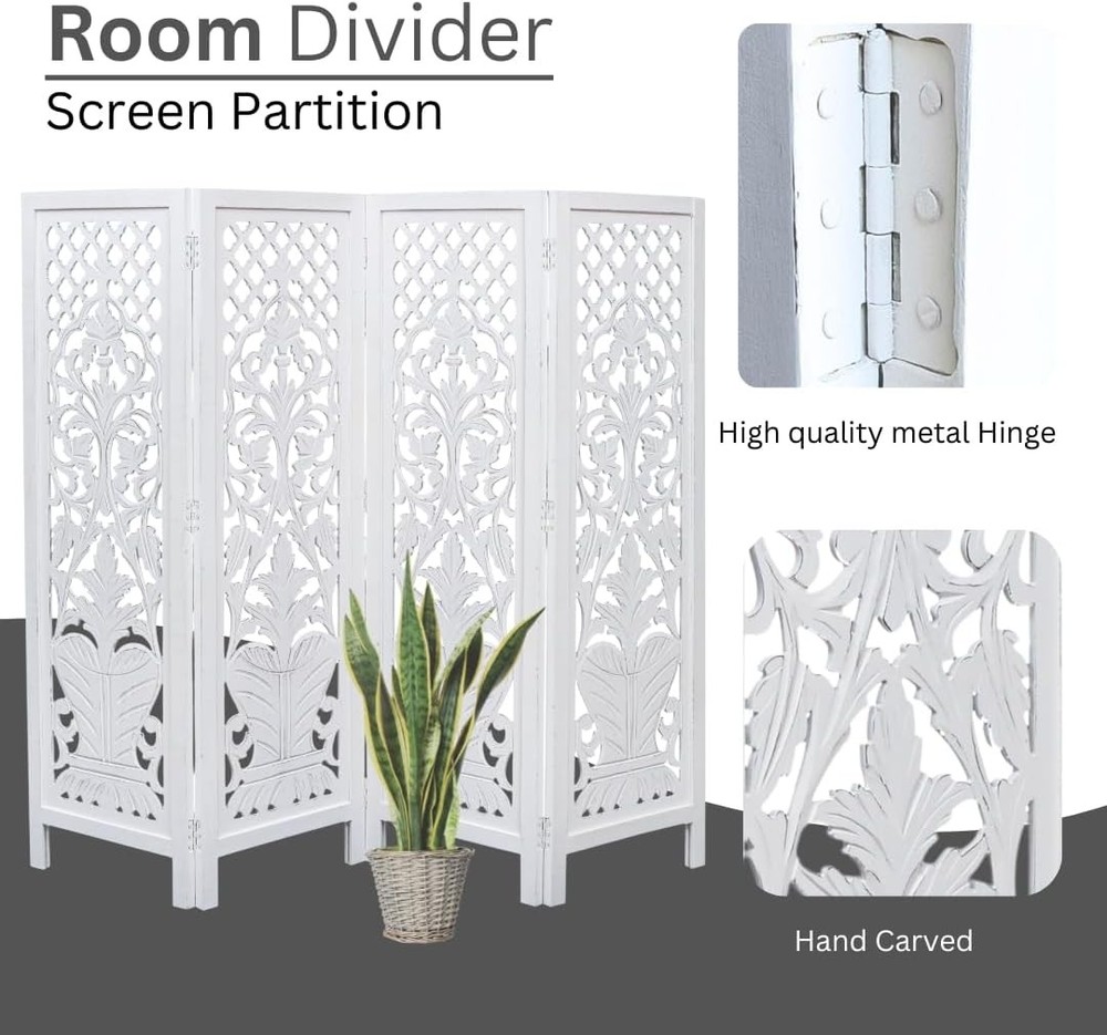 Room Divider Wood Screen Panel – White 4-Panel Folding 64"x54" Hand-Carved