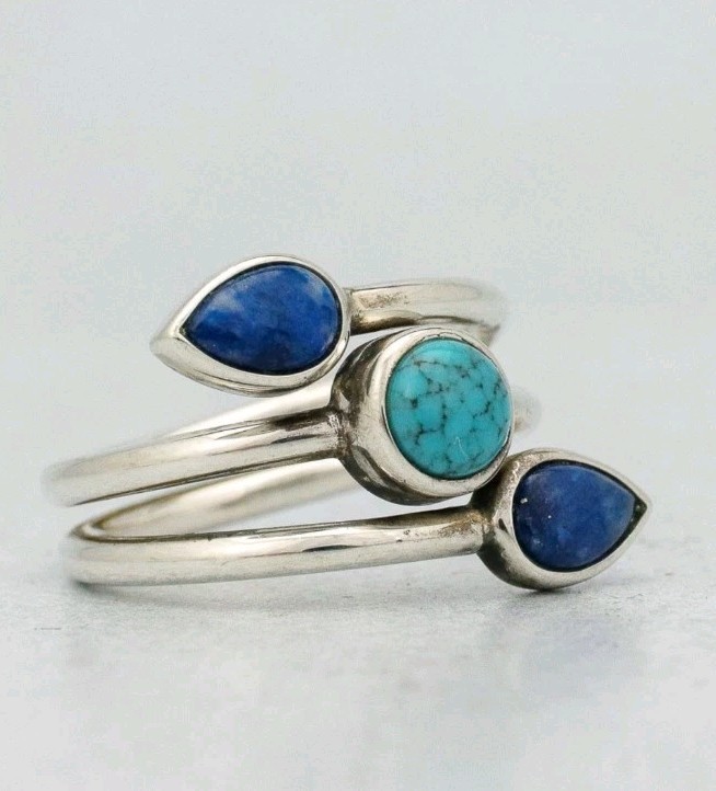 Lapis Turquoise 3 Stone Sterling Ring 6