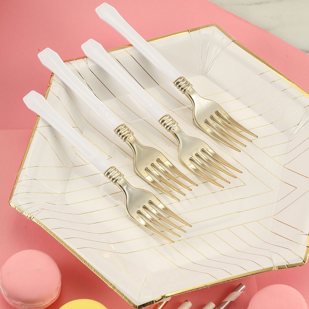 Metallic Gold Forks with White Handle Wedding Dinner Party Disposable Tableware